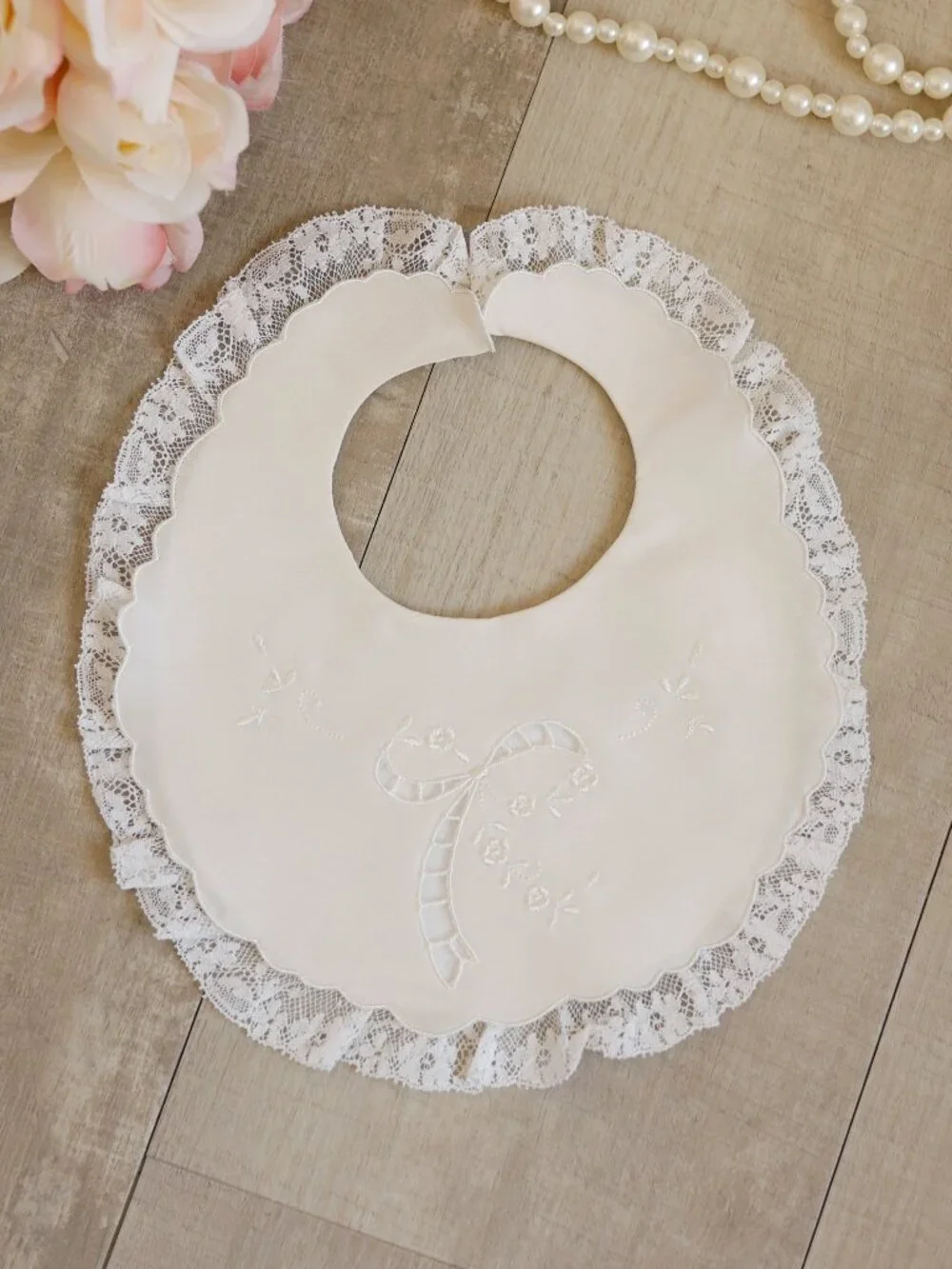 Luxury Heirloom Ivory Italian Silk Baby Bib Lace Ruffle Embroidered Keepsake